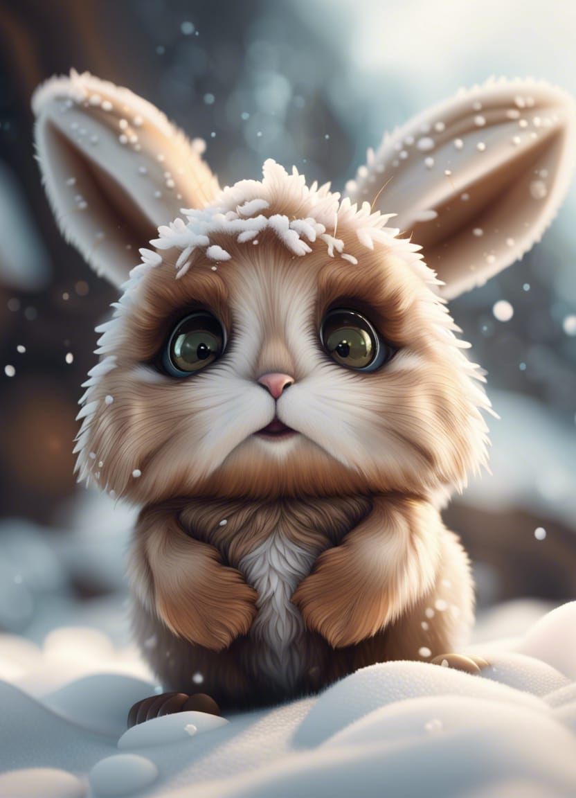 Cute Fantasy Bunny in Snow, Hyperrealistic 4K