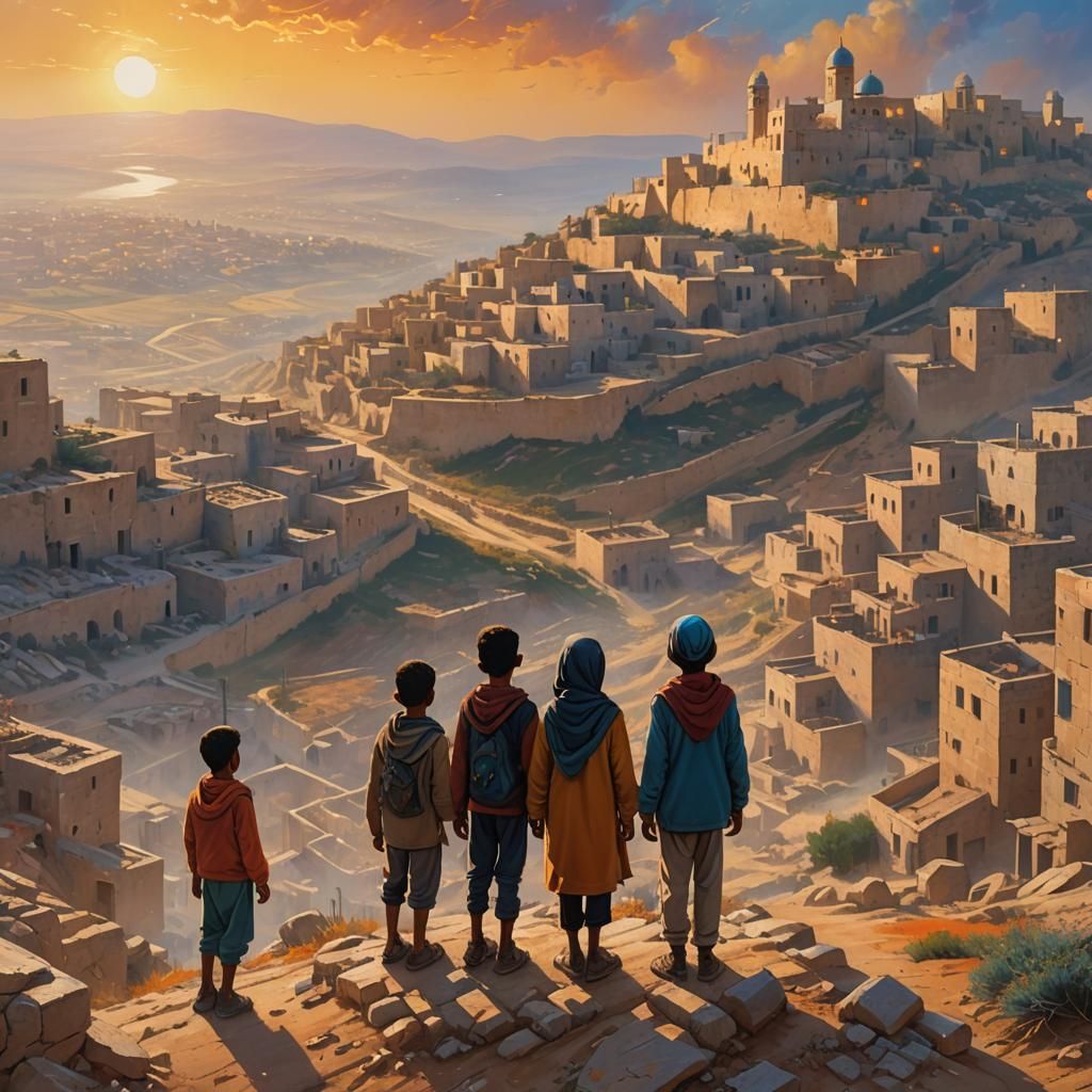 Victorious Palestinian Children in Golden Light, Oil Paintin...