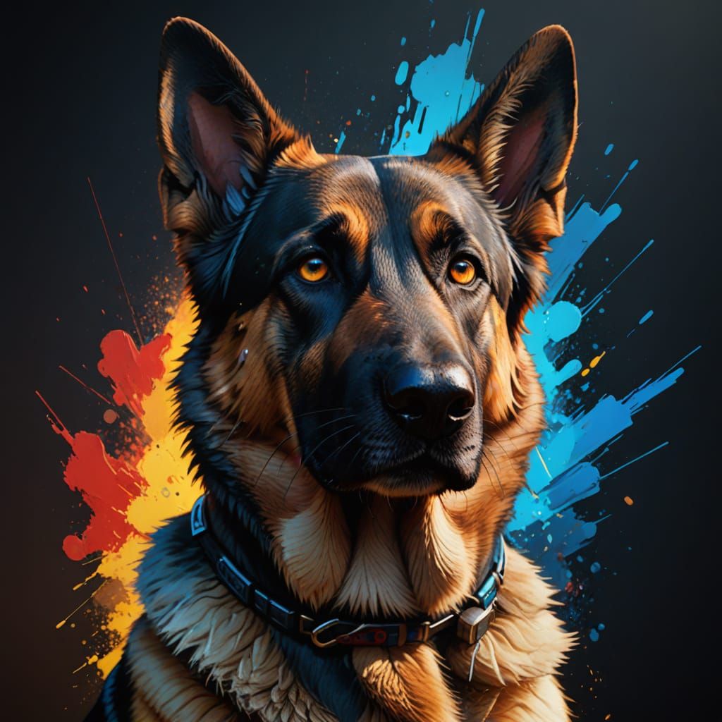 Confident German Shepherd Portrait in Vibrant Triadic Colors