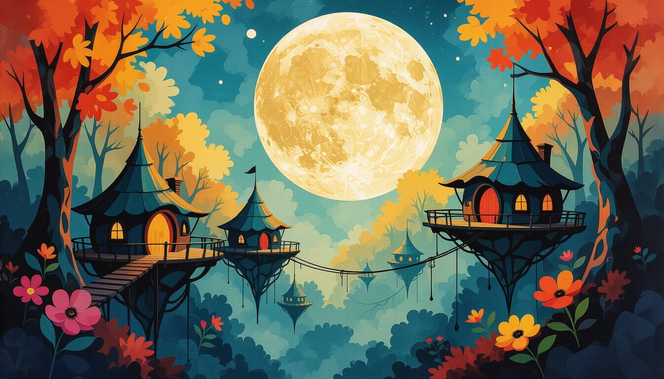 Fantasy Alien Dwellings in Enchanted Forest Canopy