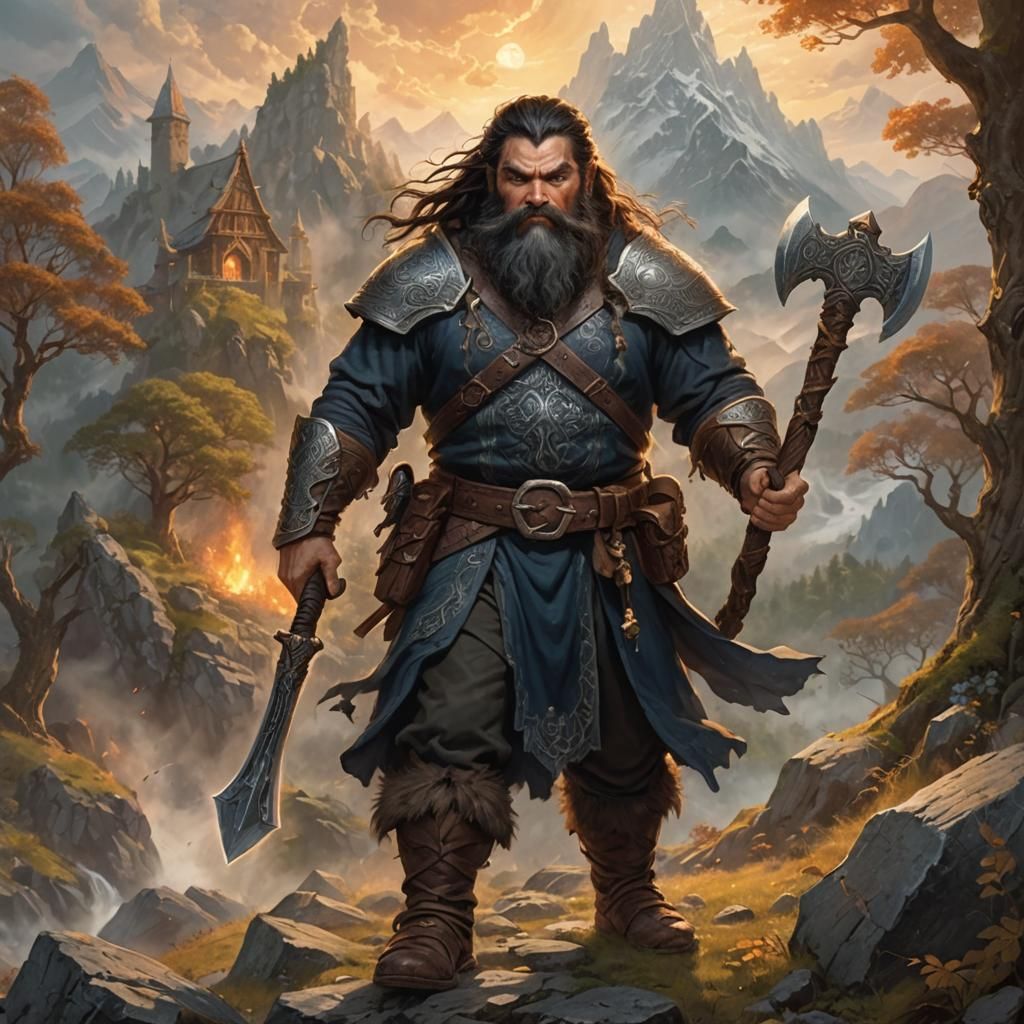 Male dwarf warrior  with long black hair and beard and brown...