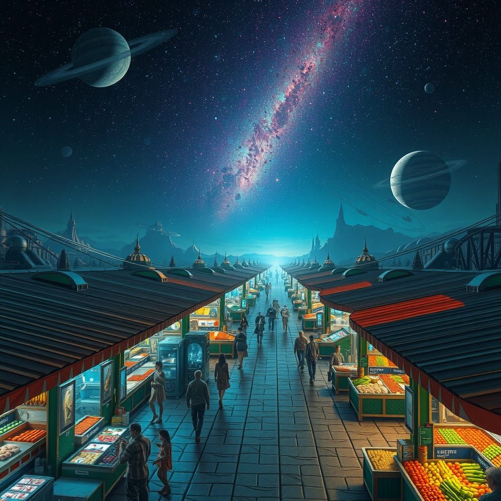 Galactic Food Market Under Celestial Skies