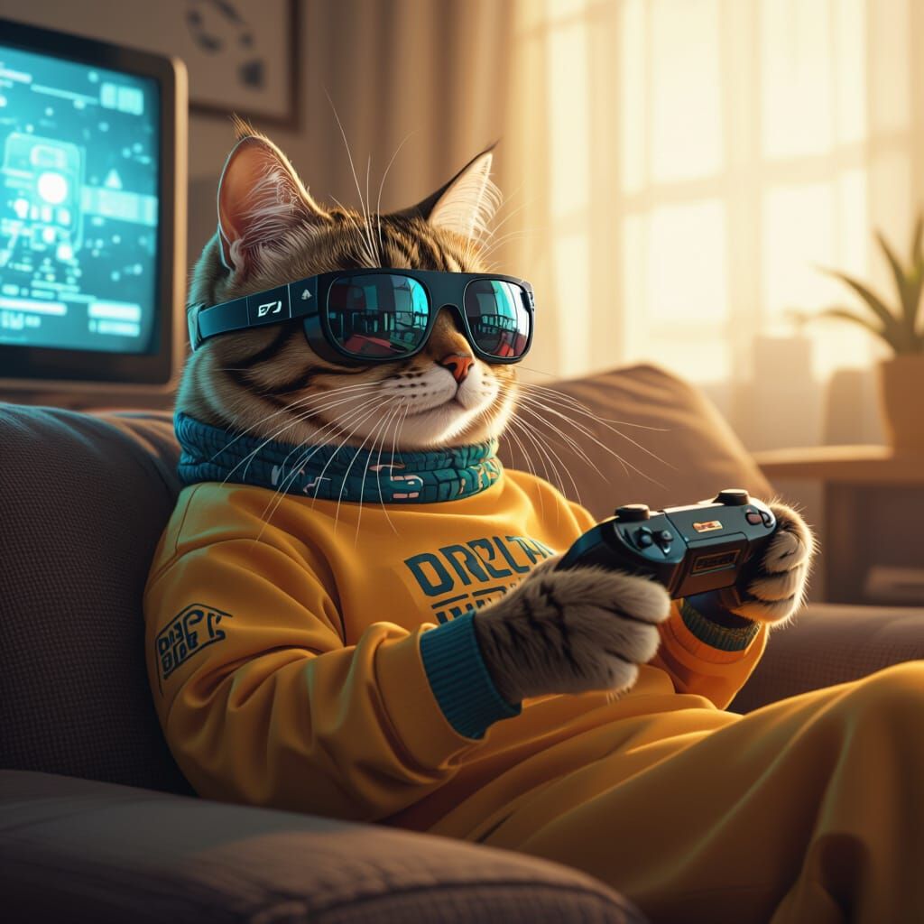 Cat Gamer with Sunglasses in Digital Art Style