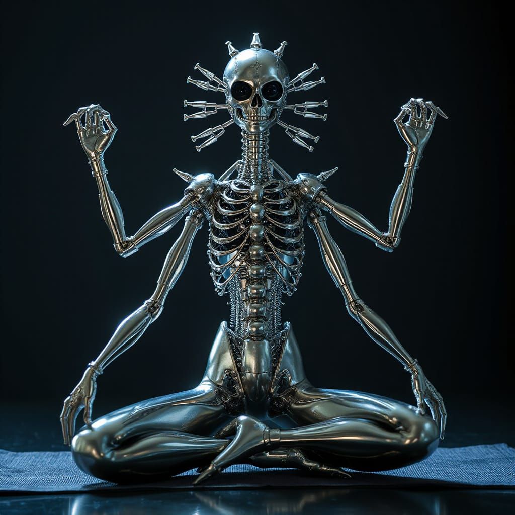 Eerie Yoga: Biomechanical Sculpture in Silver Steel