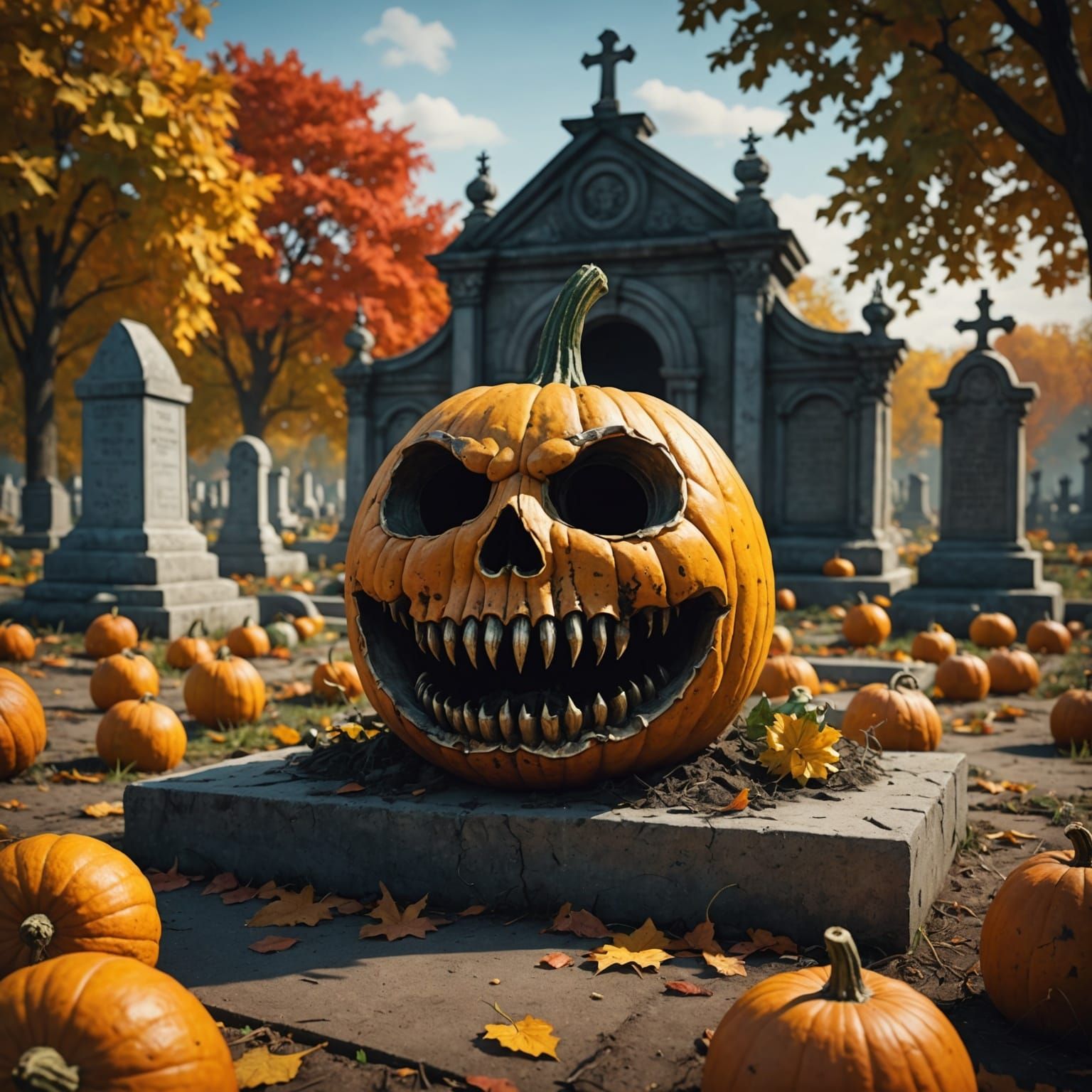 Hyperrealistic Evil Gourd in Cemetery Concept Art