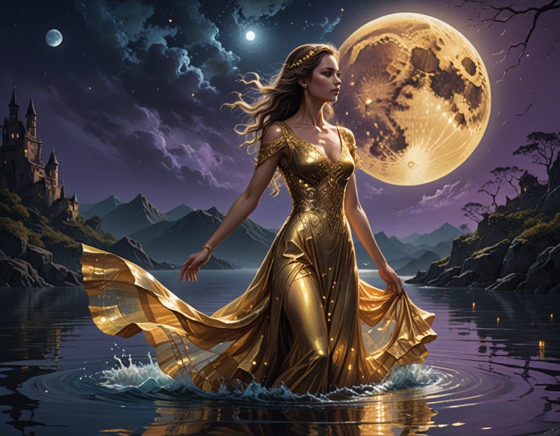 Golden Lady and the Moon: Fantasy Art