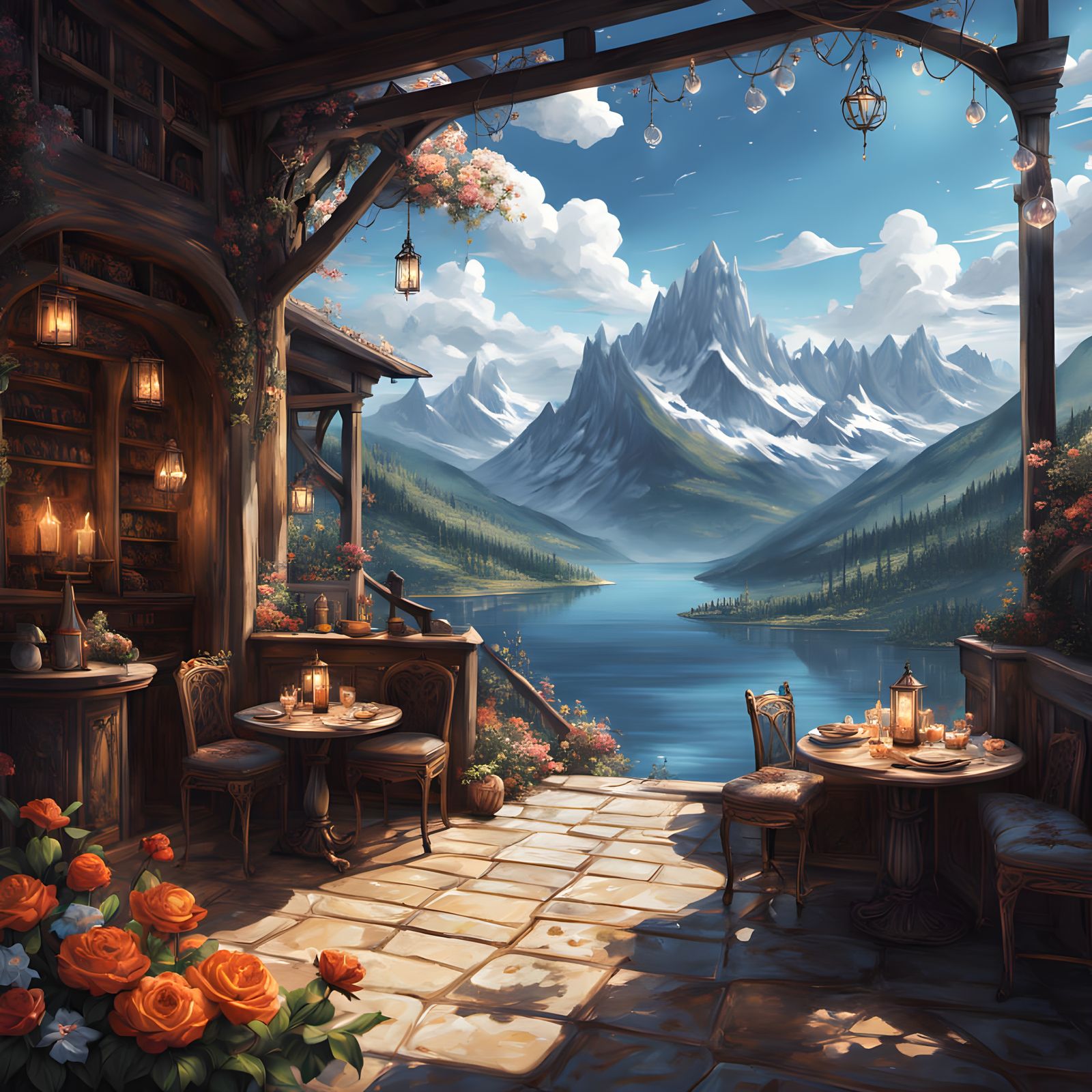 Cozy Mountain Cafe Overlooking Alpine Lake