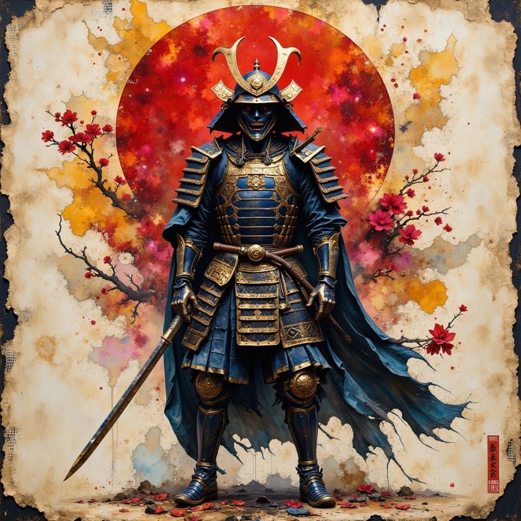 Samurai Warrior in Indigo Armor Under Red Sun
