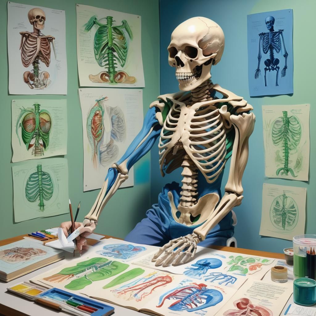 Kinesiologist Studying Anatomy as Gouache Painting