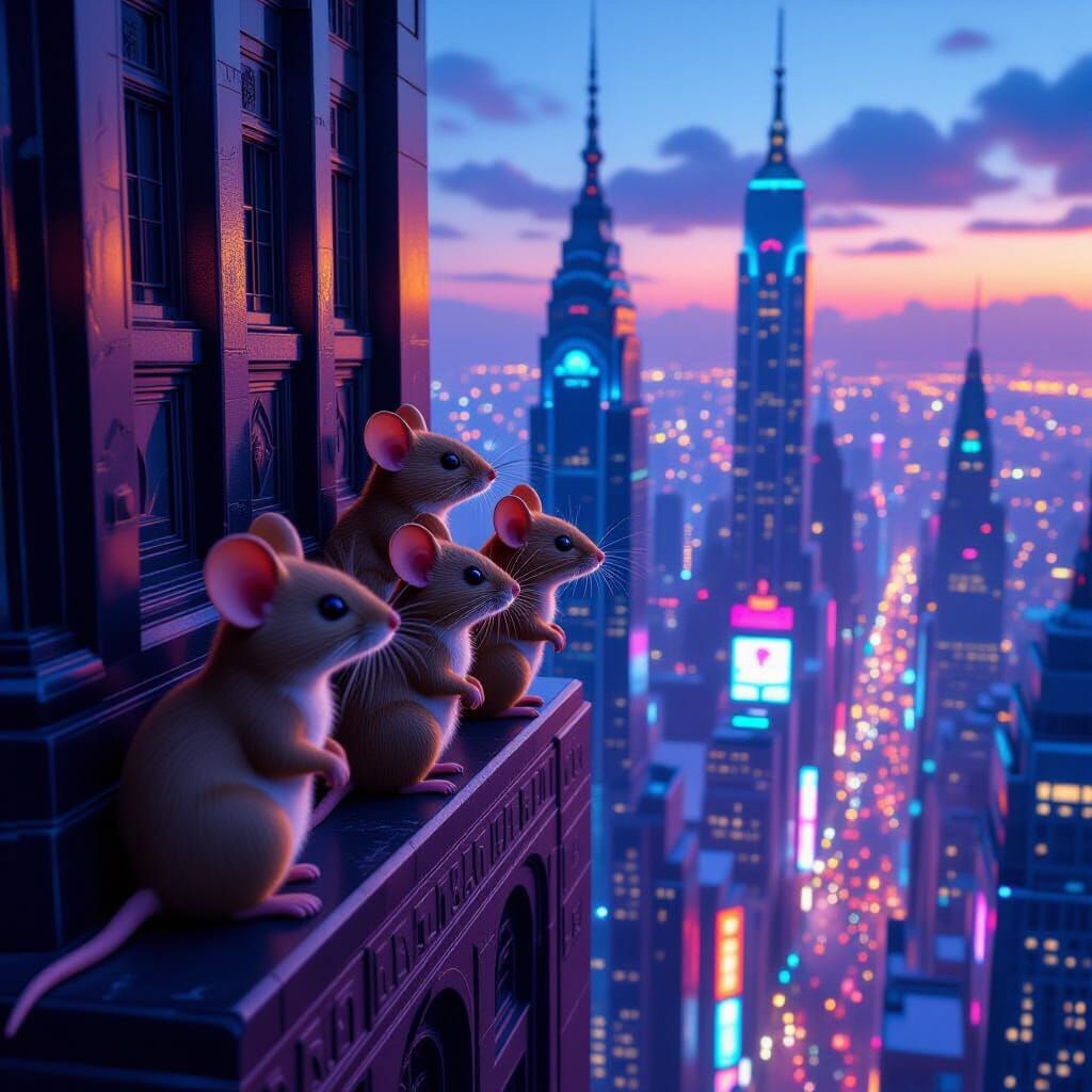 Wooden Mice View Futuristic Cityscape From Art Deco Skyscrap...