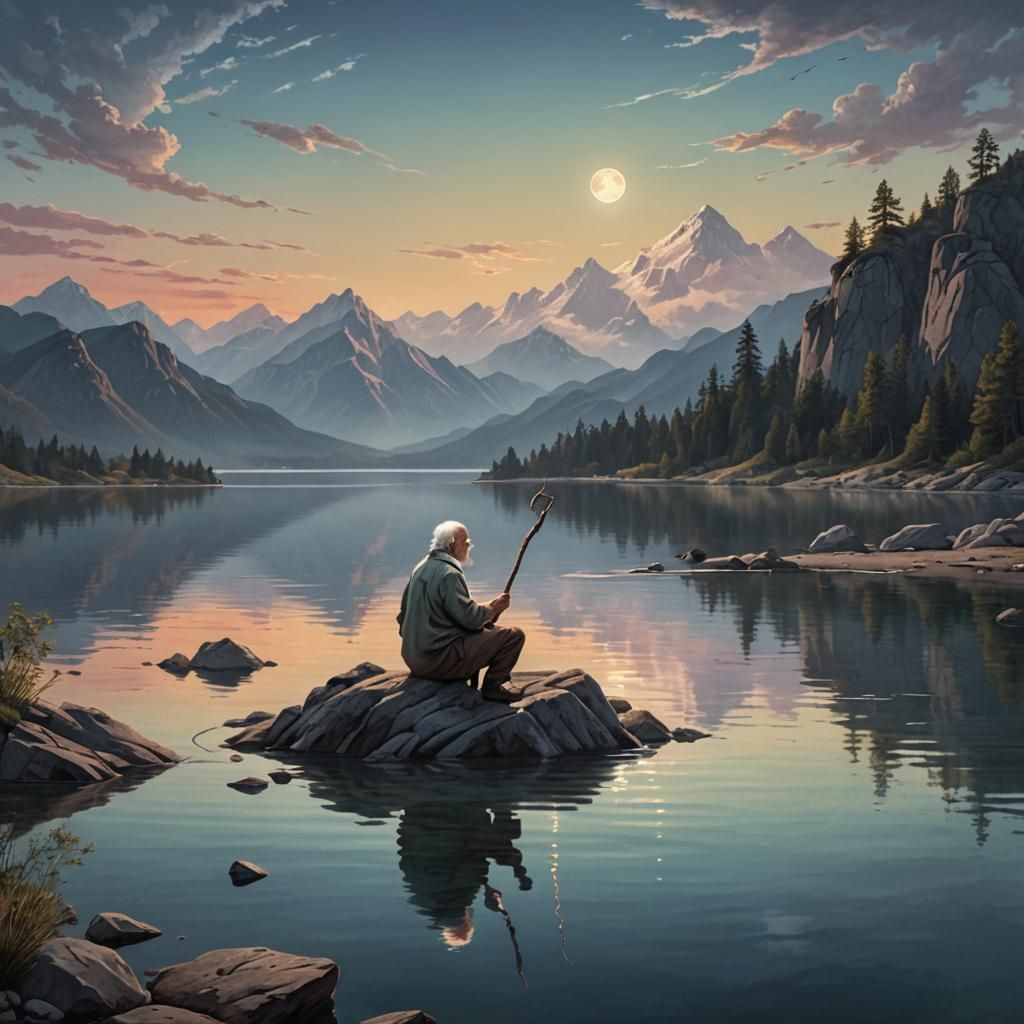 Hyperrealistic Old Man by Lake with Full Moon