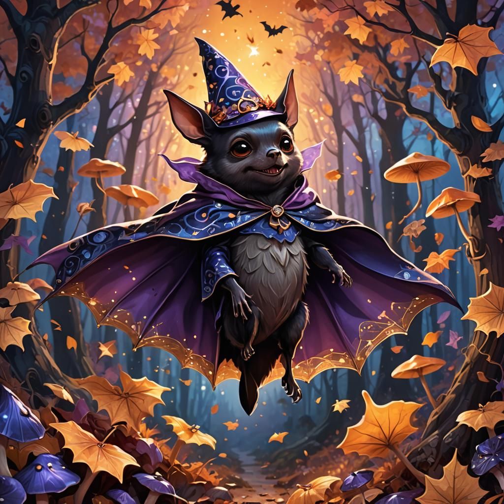 Enchanted Bat in Autumn Forest, Art Nouveau