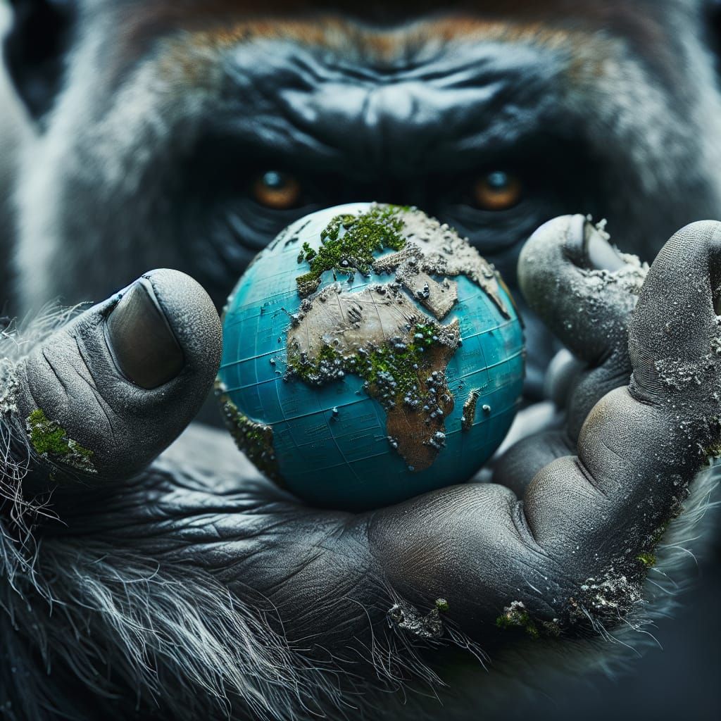 Surreal Gorilla Holds Tiny World in Hand