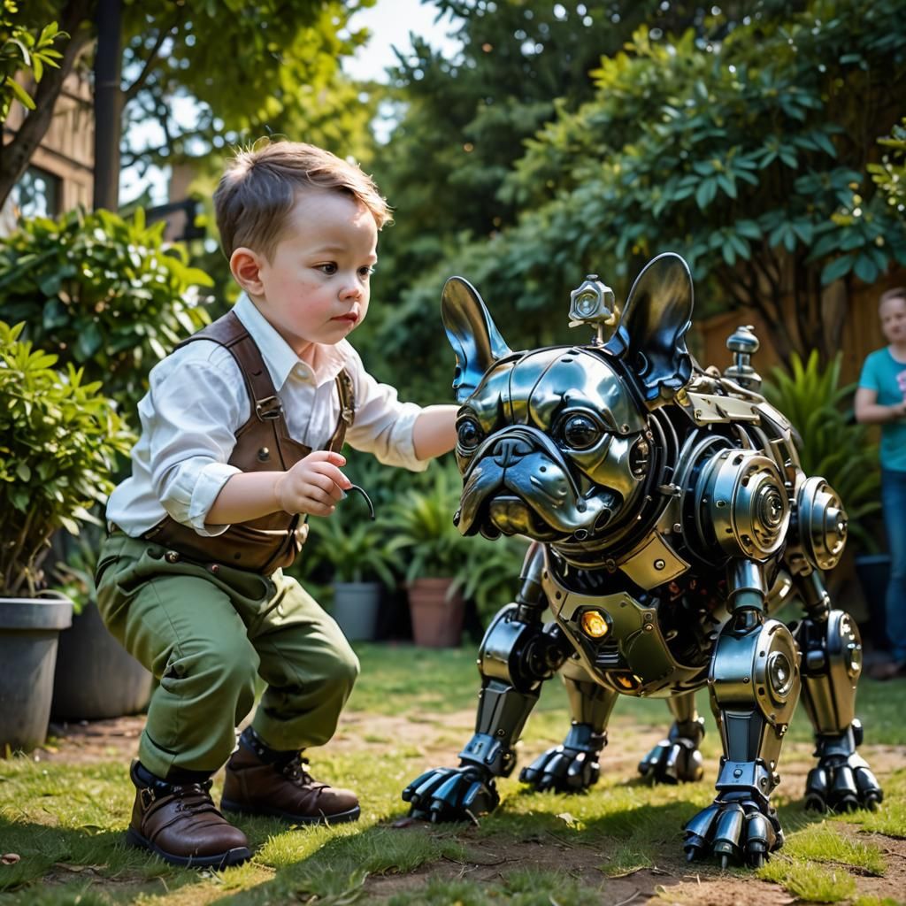 Boy with Steampunk Cybernetic French Bulldog