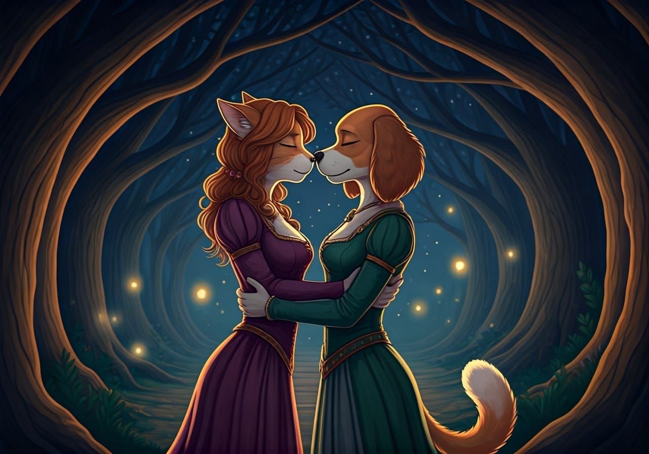 Whimsical Night Forest Scene with Catgirl and Doggirl