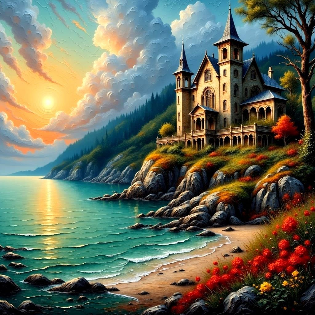 Peaceful Coastal Abode in Impasto Oil Painting