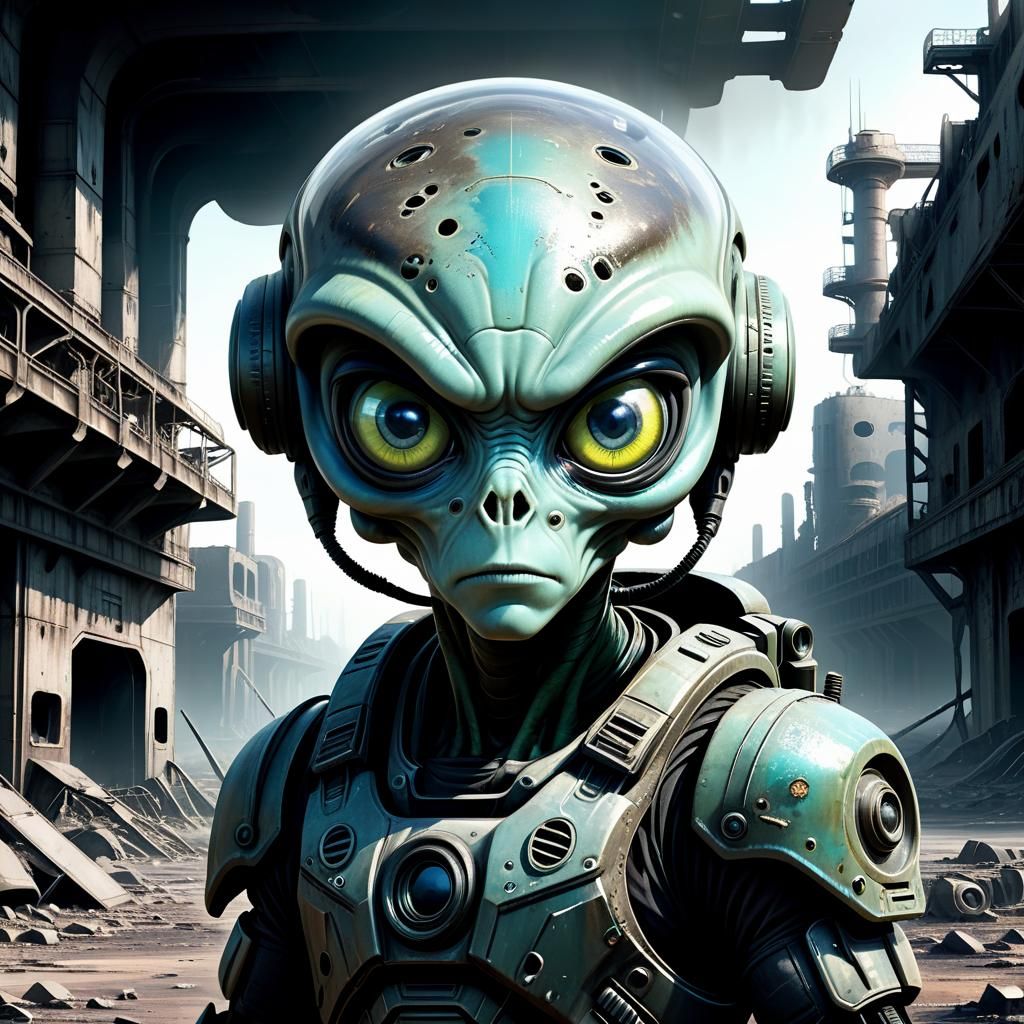 Sci-Fi Alien Soldier in Dystopian Landscape