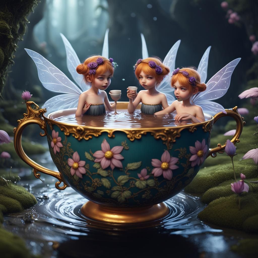 Fairies Bathing in a Tea Cup: Detailed Digital Art