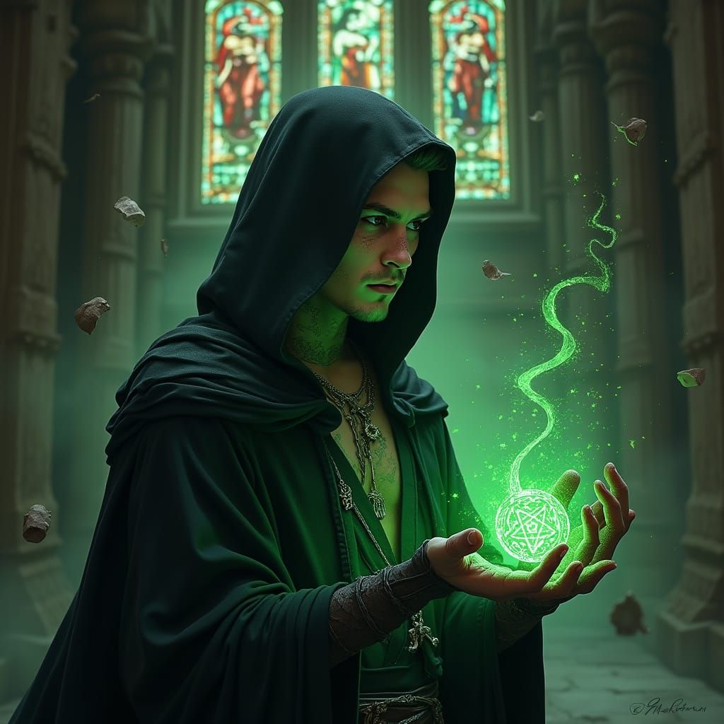 Mystic Sorcerer in Dark Fantasy Style with Inverted Pentagra...