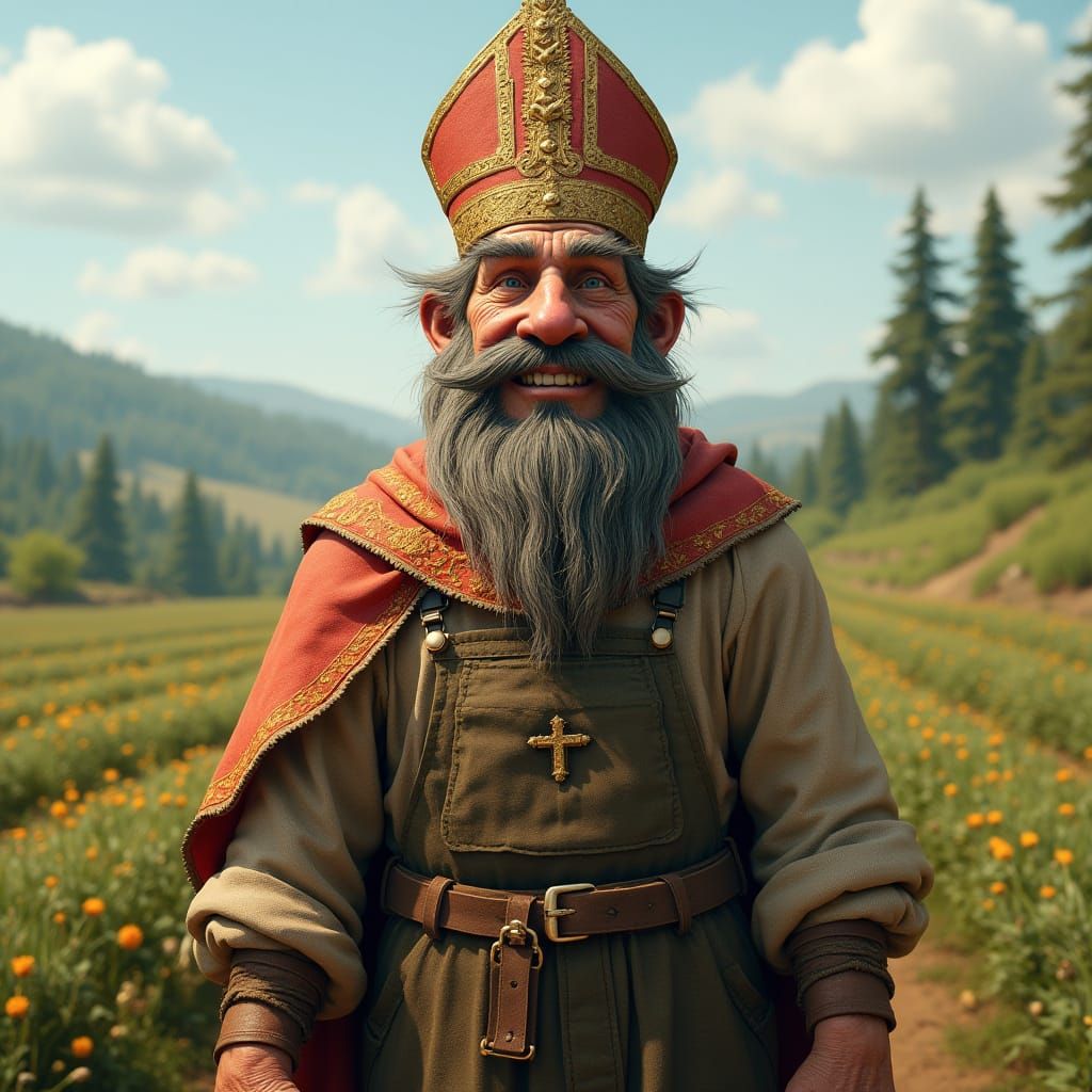 Mountain Man Pope in Rustic Farm Landscape