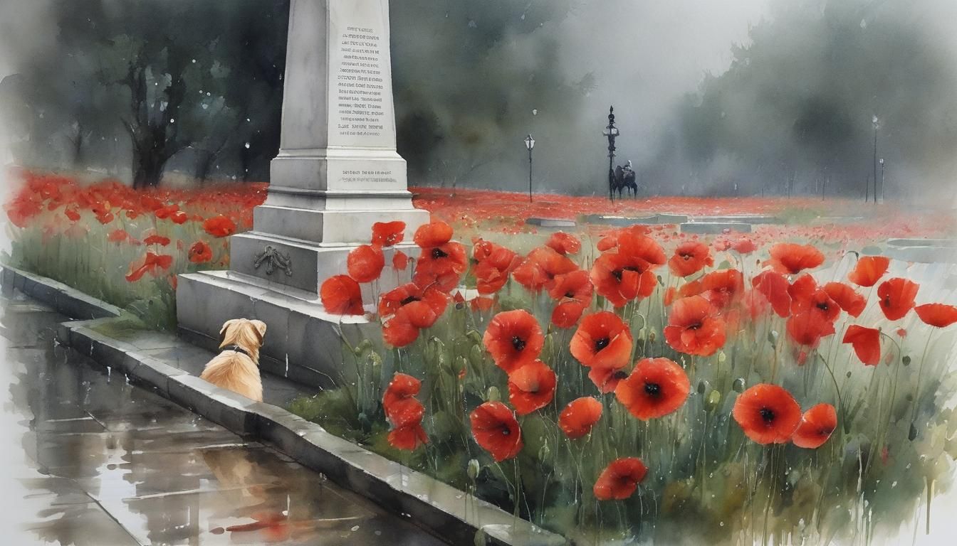 Dog at War Memorial in Rainy Watercolor