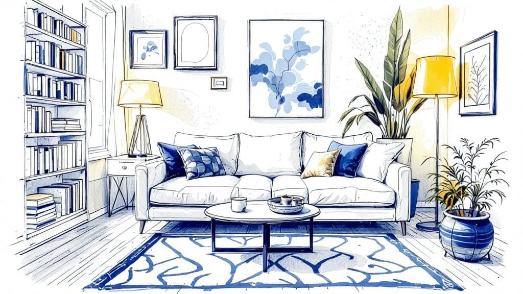 Warm Living Room Sketch in Spontaneous Style