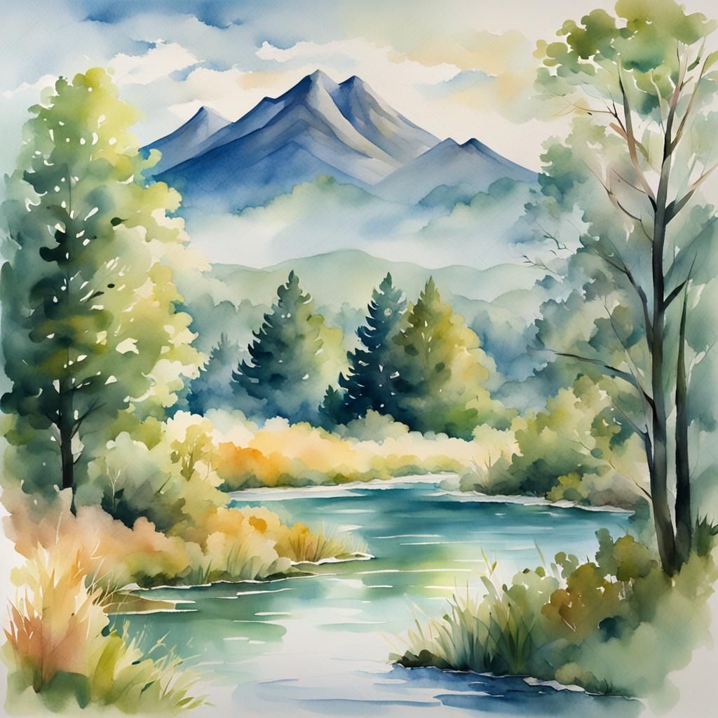 Watercolor Landscape with River and Distant Mountains