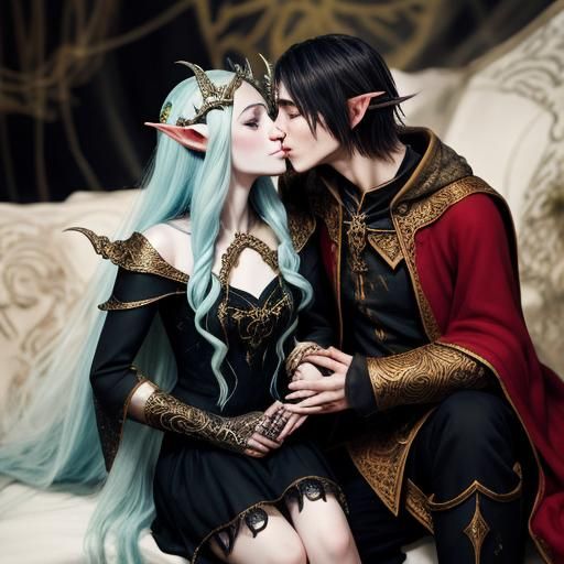 Fantasy Art: Demon King and Elven Enchantress Kissing