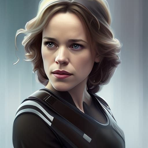 Rachel McAdams In crewman uniform, head and shoulders, determined face, centered, Street level, 8k resolution concept ar...