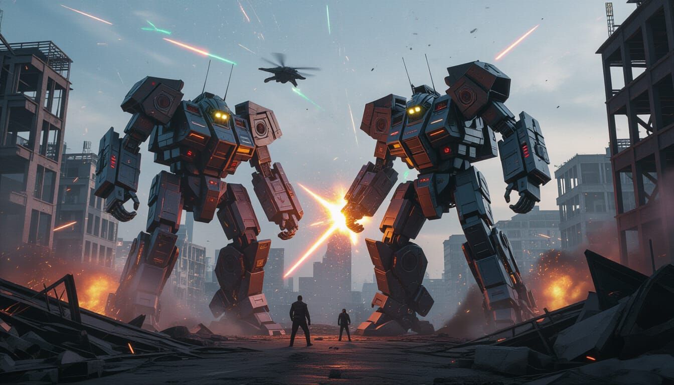 Massive Robot Battle in Ruined City