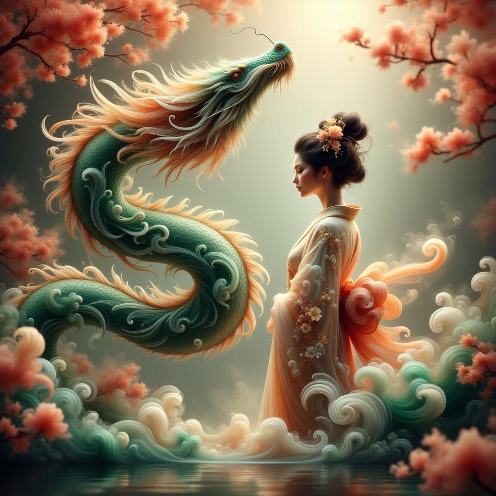 Dragon and Geisha in Japanese Garden