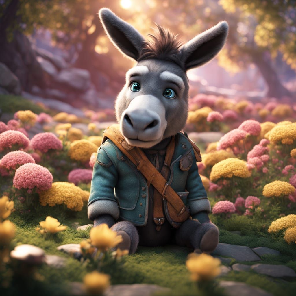Stuffed Donkey in 3D Cartoon Style with Flowers