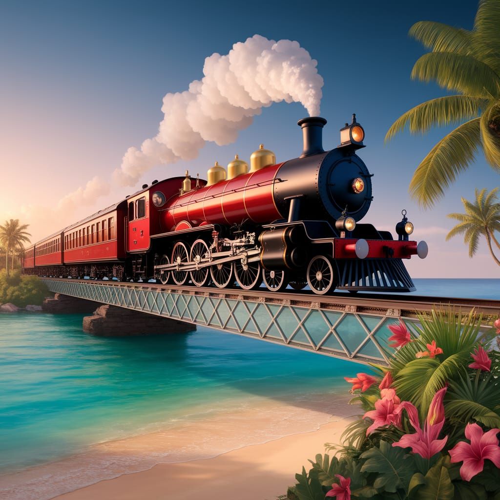 Vintage Scottish Locomotive Chugs Across Tropical Glass Brid...
