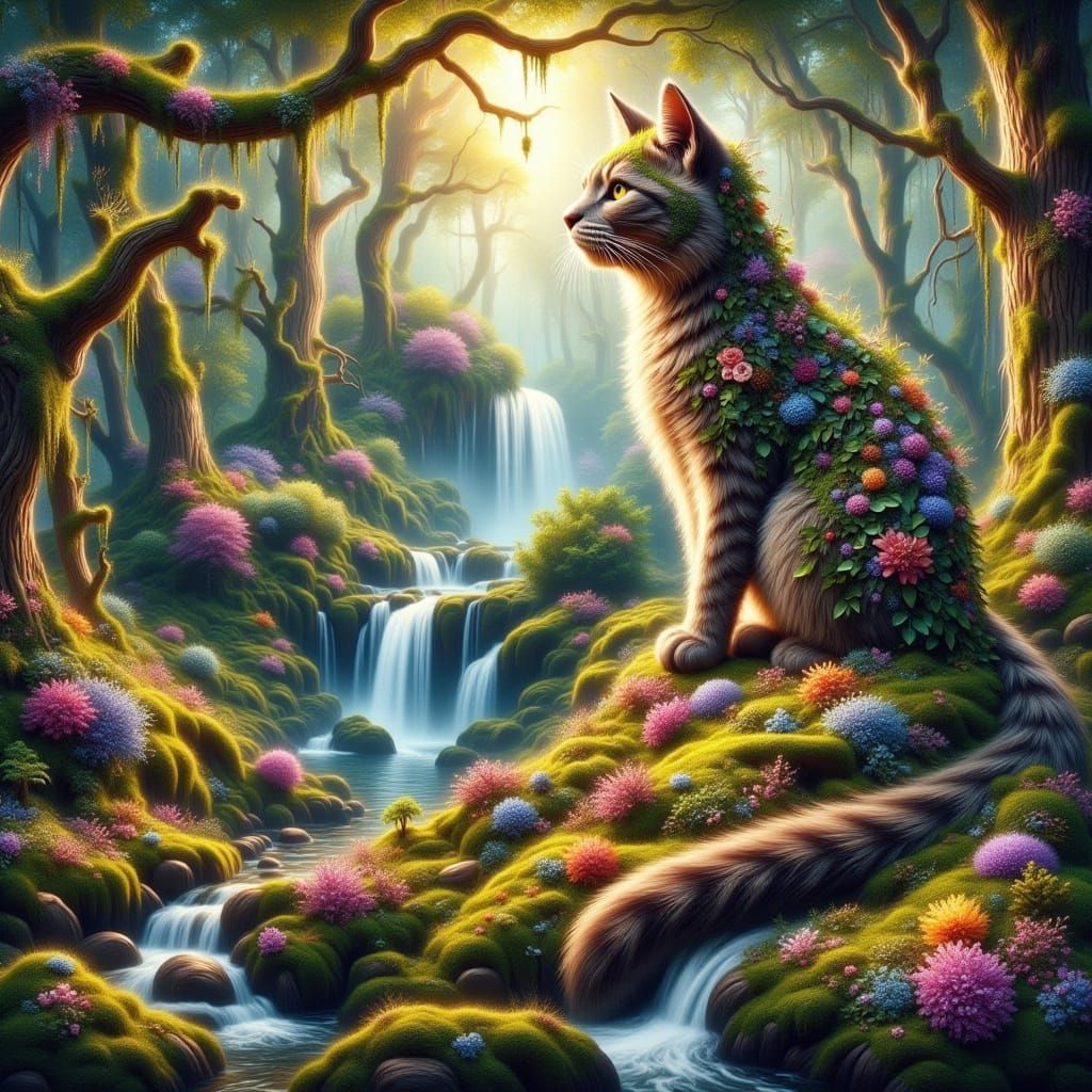 Whimsical Feline Ent in a Vibrant Forest Oil Painting