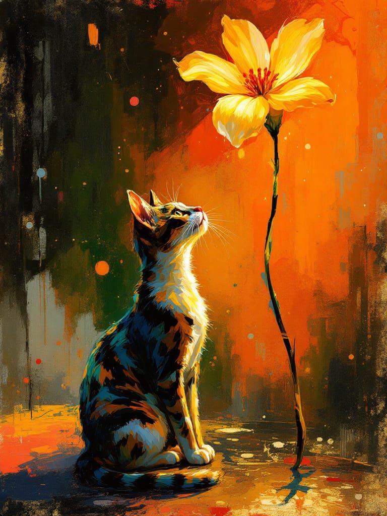 Adorable Cat and Flower in Dramatic Hollywood Style