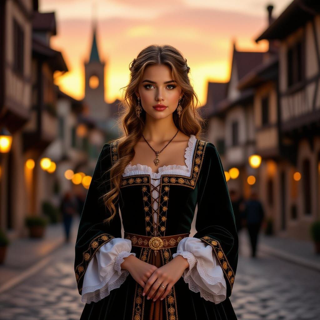 Elegant Medieval Girl in Golden Sunset City