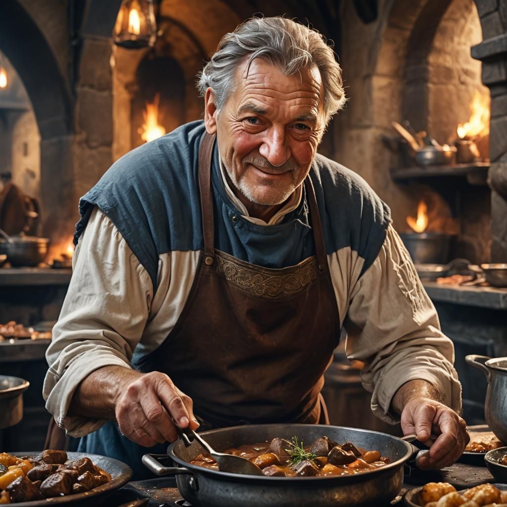 Medieval Chef Cooks Stew in Bustling Restaurant