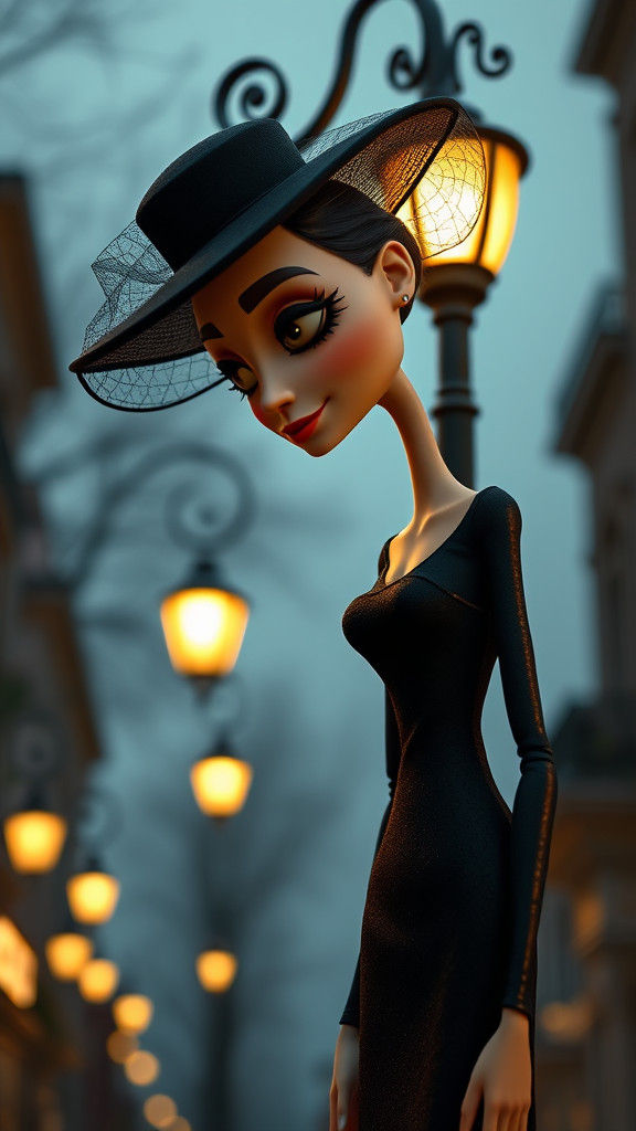 Anthropomorphic Street Lamp Lady in Grotesque Cartoon Style