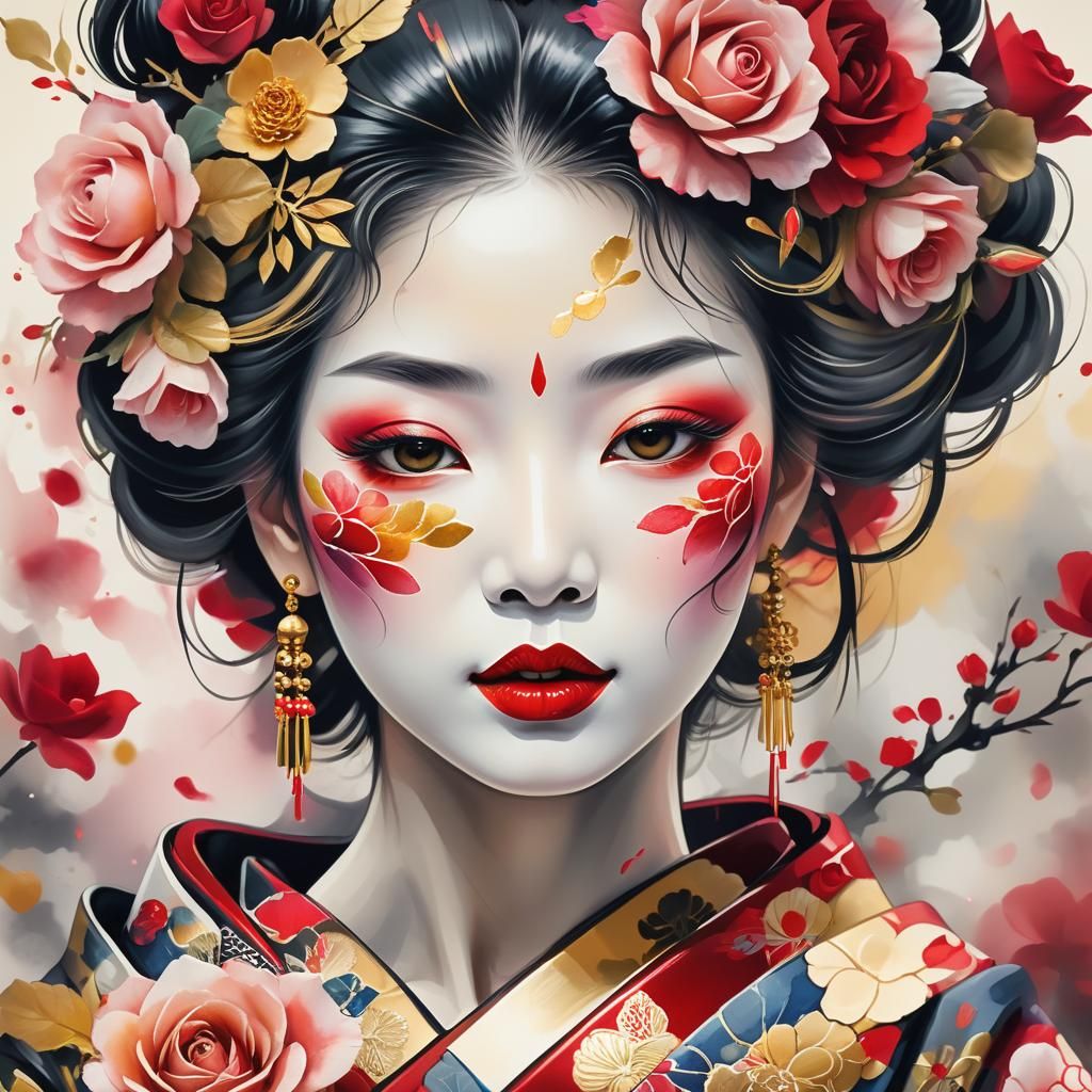 Geisha with Roses in Watercolour Style