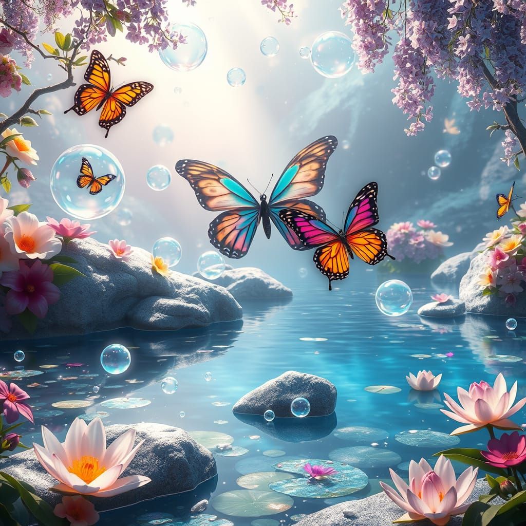 Iridescent Bubbles in Magical Lake Landscape