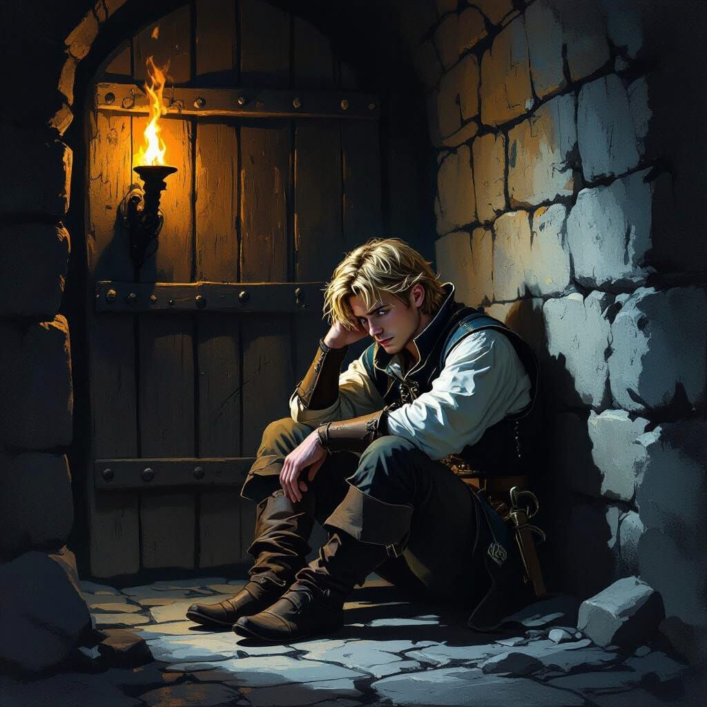 Weary Prisoner in Dimly Lit Dungeon