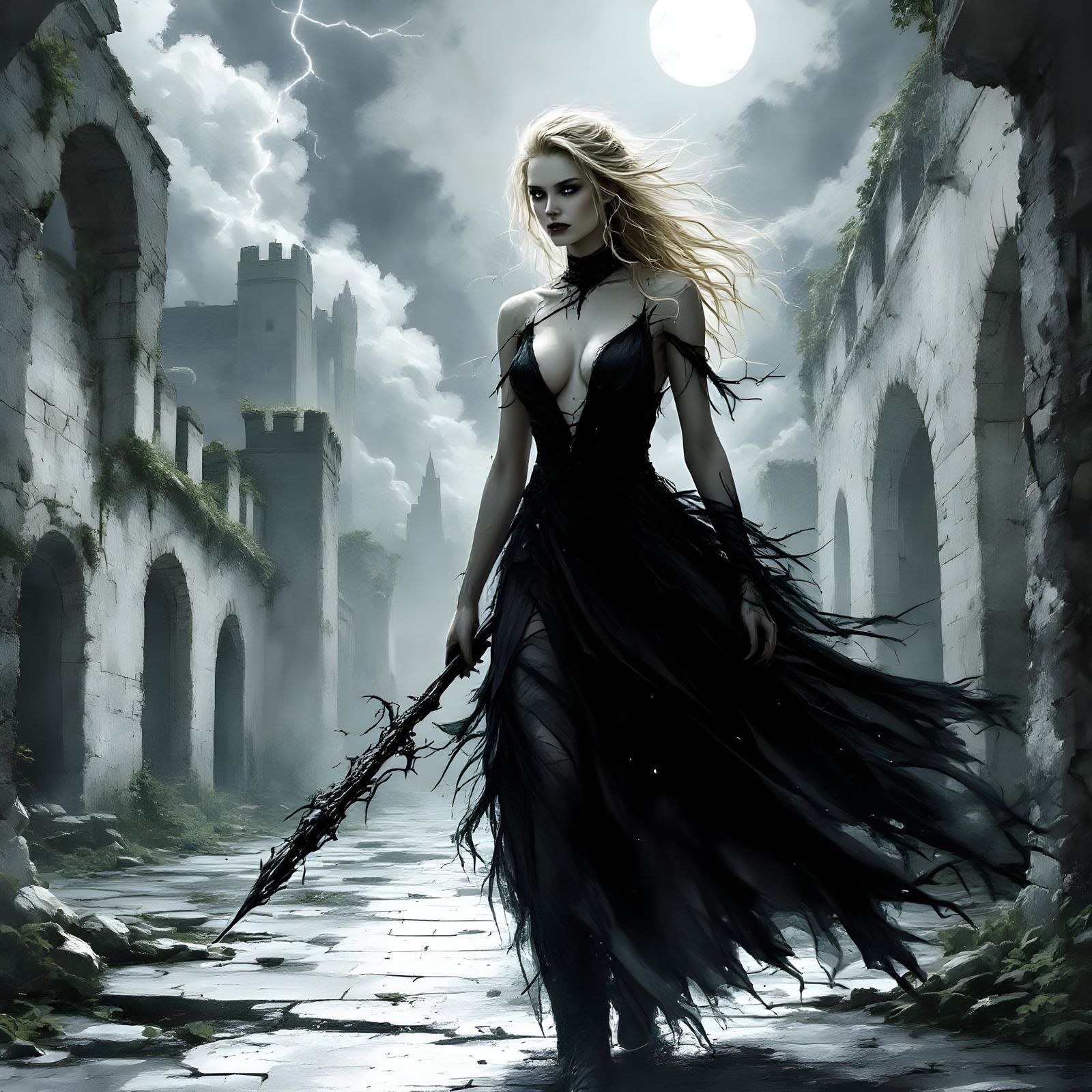 Norse Goddess in Castle Ruins as Watercolor Portrait