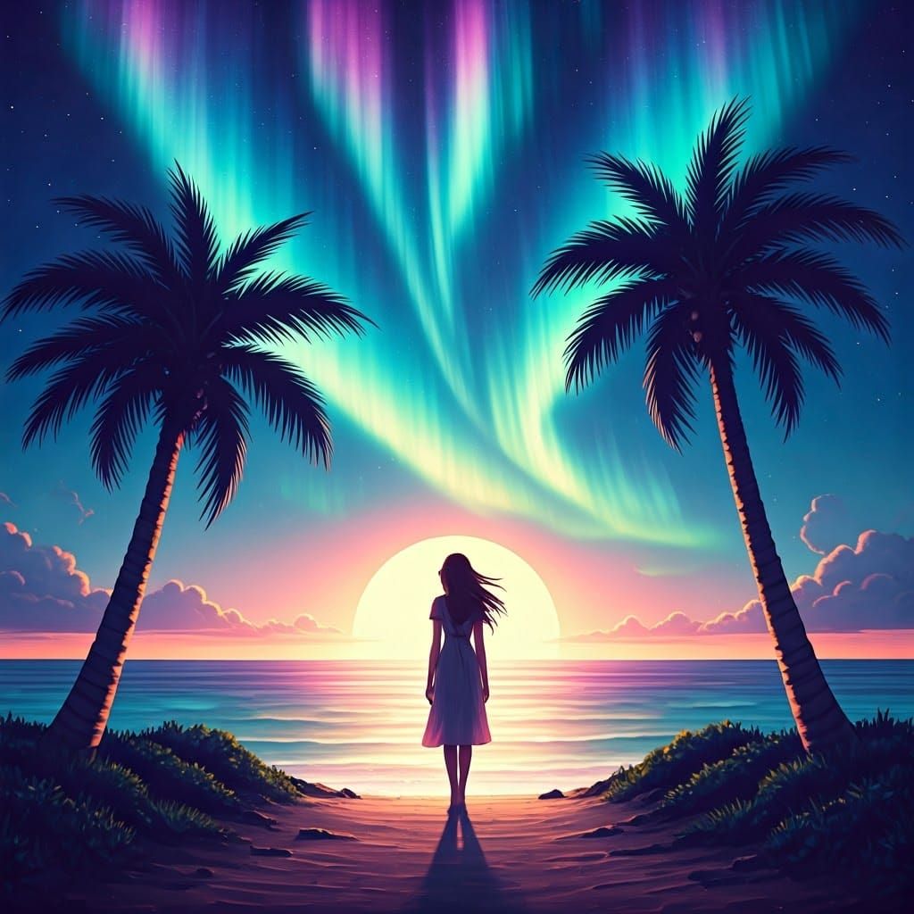 Aurora Borealis Beach Scene in Dreamy Style