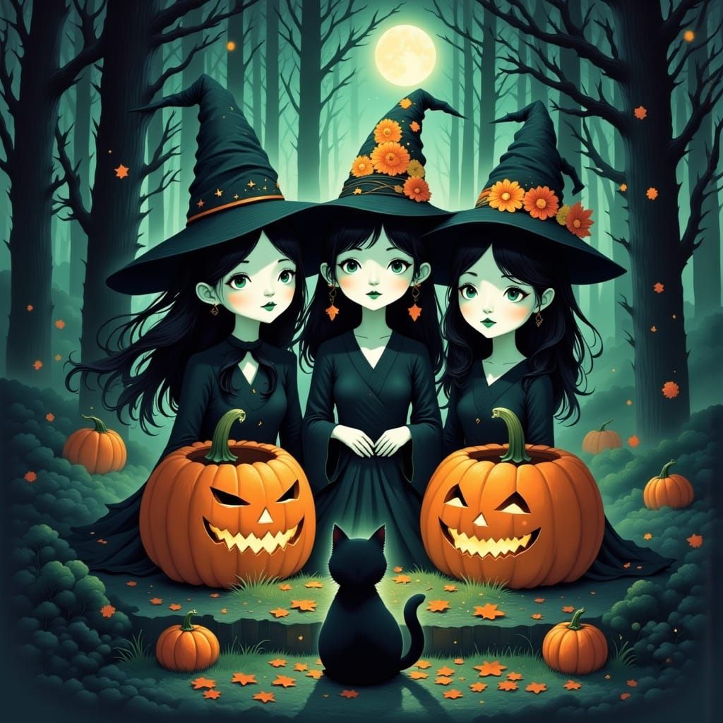 Halloween Pumpkin Witches in Ethereal Forest