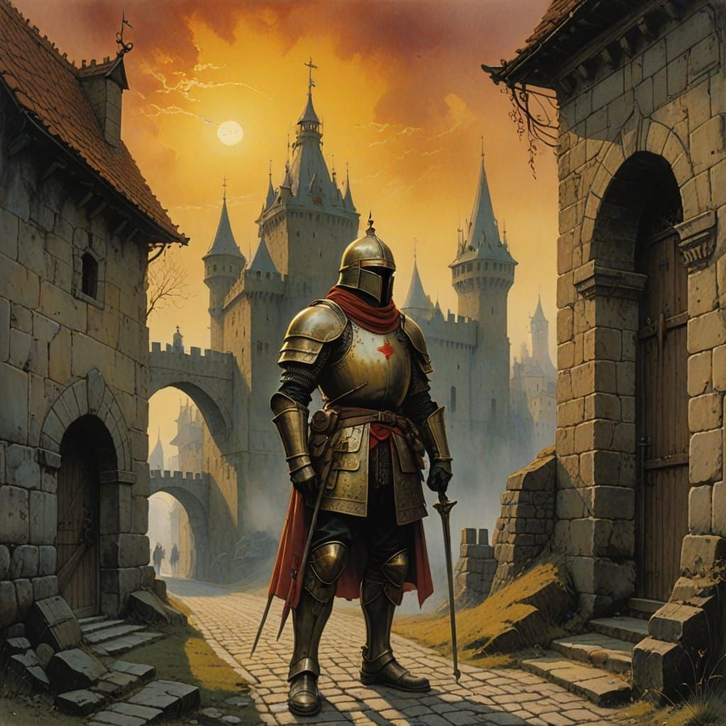 Medieval Guard at City Gate in Golden Light