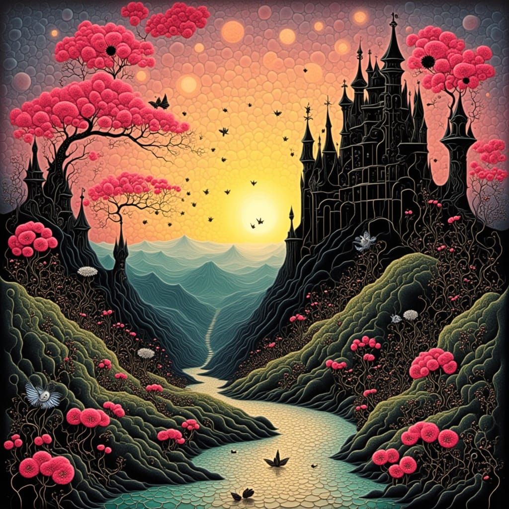 Abstract Landscape with Medieval Buildings in Art Nouveau St...