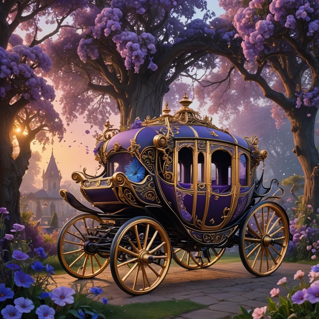 Victorian Carriage in a Fantasy Garden at Sunrise