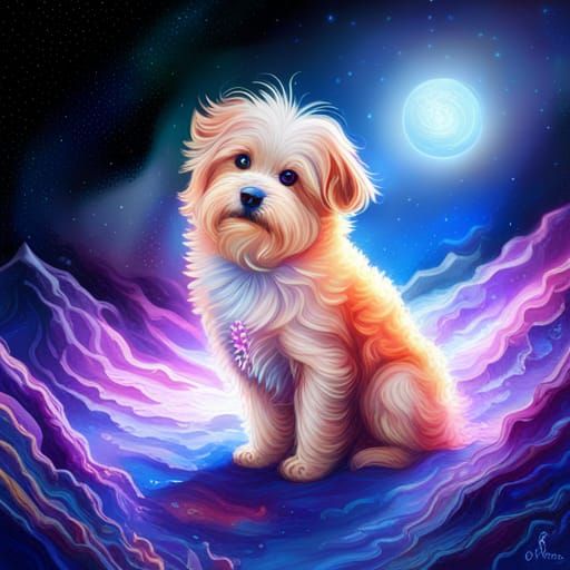 Holographic Astral Dog Illustration in Pablo Amaringo Style
