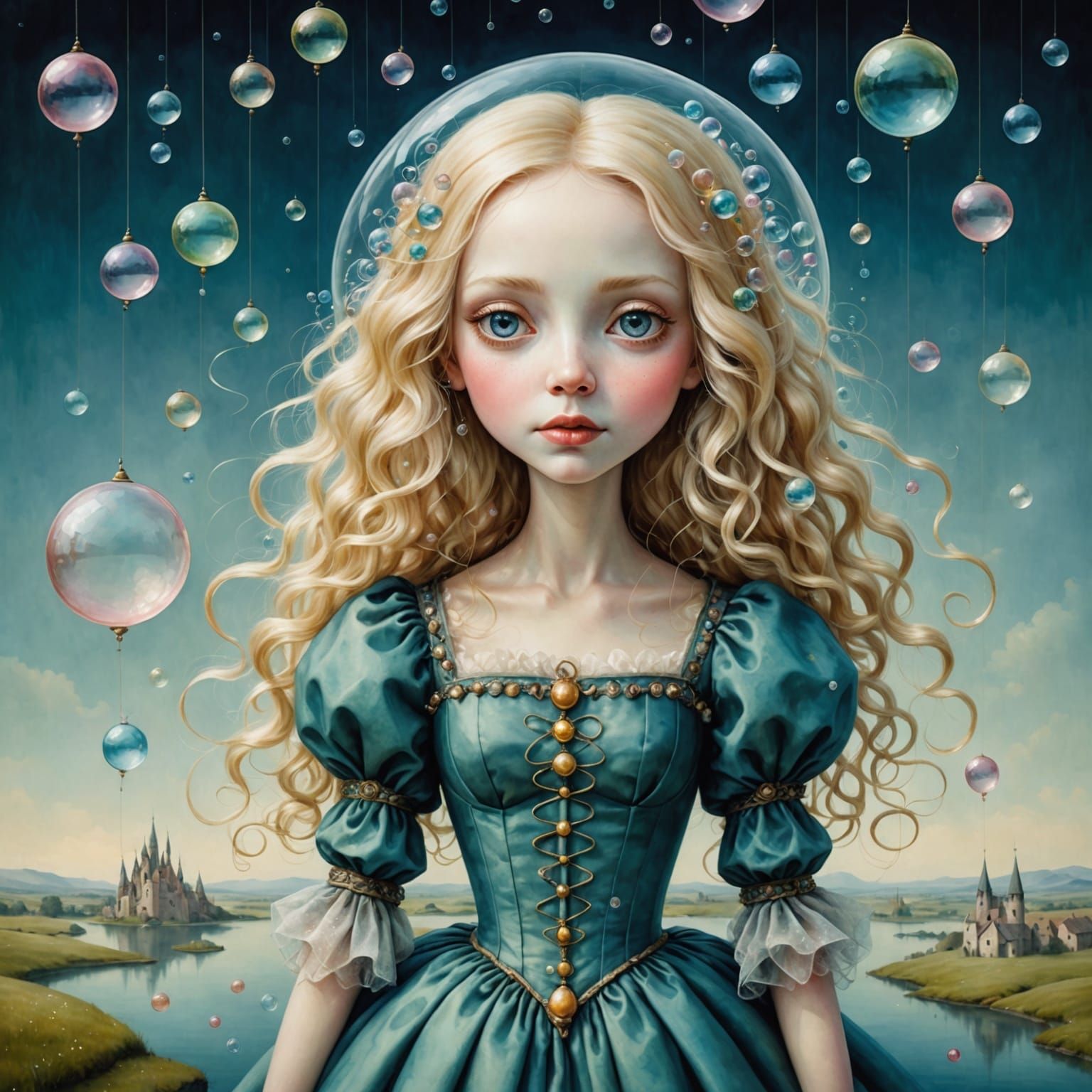 Ethereal Puppet Lady in Surreal Landscape, Watercolor Illust...