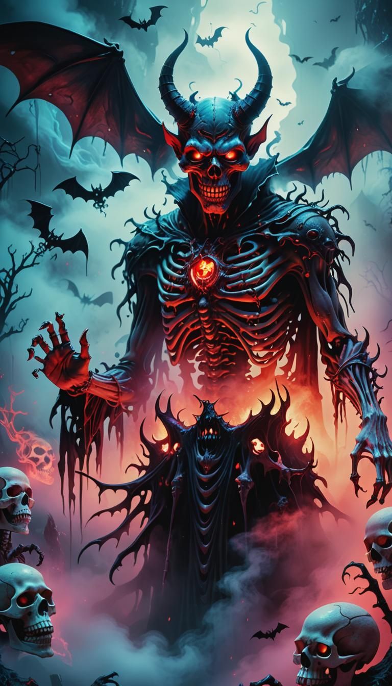 Eerie Devil Surrounded by Bats in Dark Fantasy